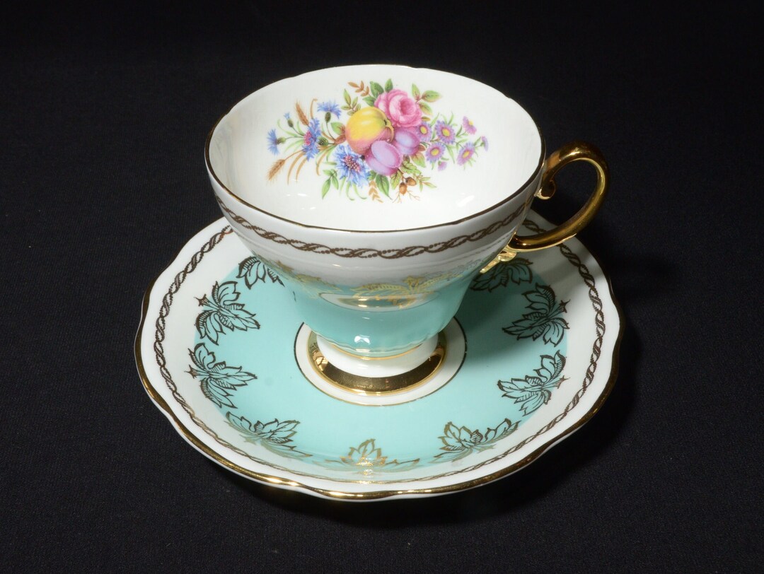 EB FOLEY Turquoise Teacup and Saucer Bone China England Gold Leaf Fruit ...