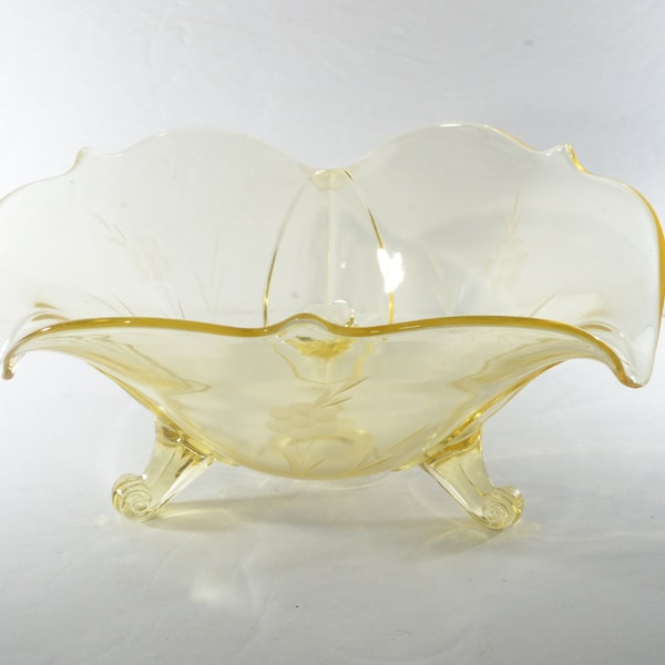 Lancaster glass Yellow Depression Glass bowl Candy Dish 3-toed 3 legs Vintage floral footed etched flowers serving bowl