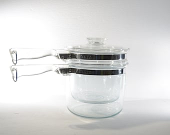 Vintage Pyrex Flameware Doppelkessel Bain Marie mit Glasgriffen Flame Logo 6283 made in USA ot