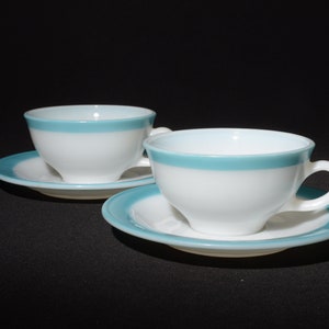 PYREX Set of 2 Blue Band Border Rim teacup and saucer Vintage Pyrex 1950s Kitchen Vintage Dinnerware Canada turquoise aqua blue
