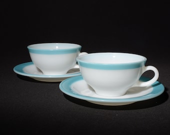 PYREX Set of 2 Blue Band Border Rim teacup and saucer Vintage Pyrex 1950s Kitchen Vintage Dinnerware Canada turquoise aqua blue