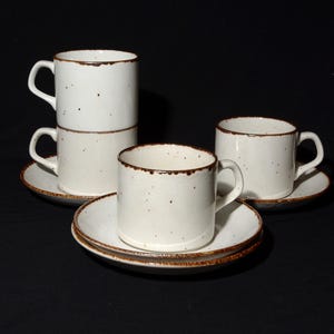 J & G Meakin England Lifestyle 8 Piece Tea Set 4 teacup and saucer sets off-white speckled in brown vintage pottery 1970s farmhouse cup 8 oz
