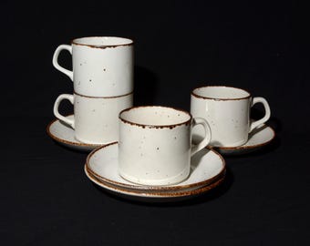 J & G Meakin England Lifestyle 8 Piece Tea Set 4 teacup and saucer sets off-white speckled in brown vintage pottery 1970s farmhouse cup 8 oz