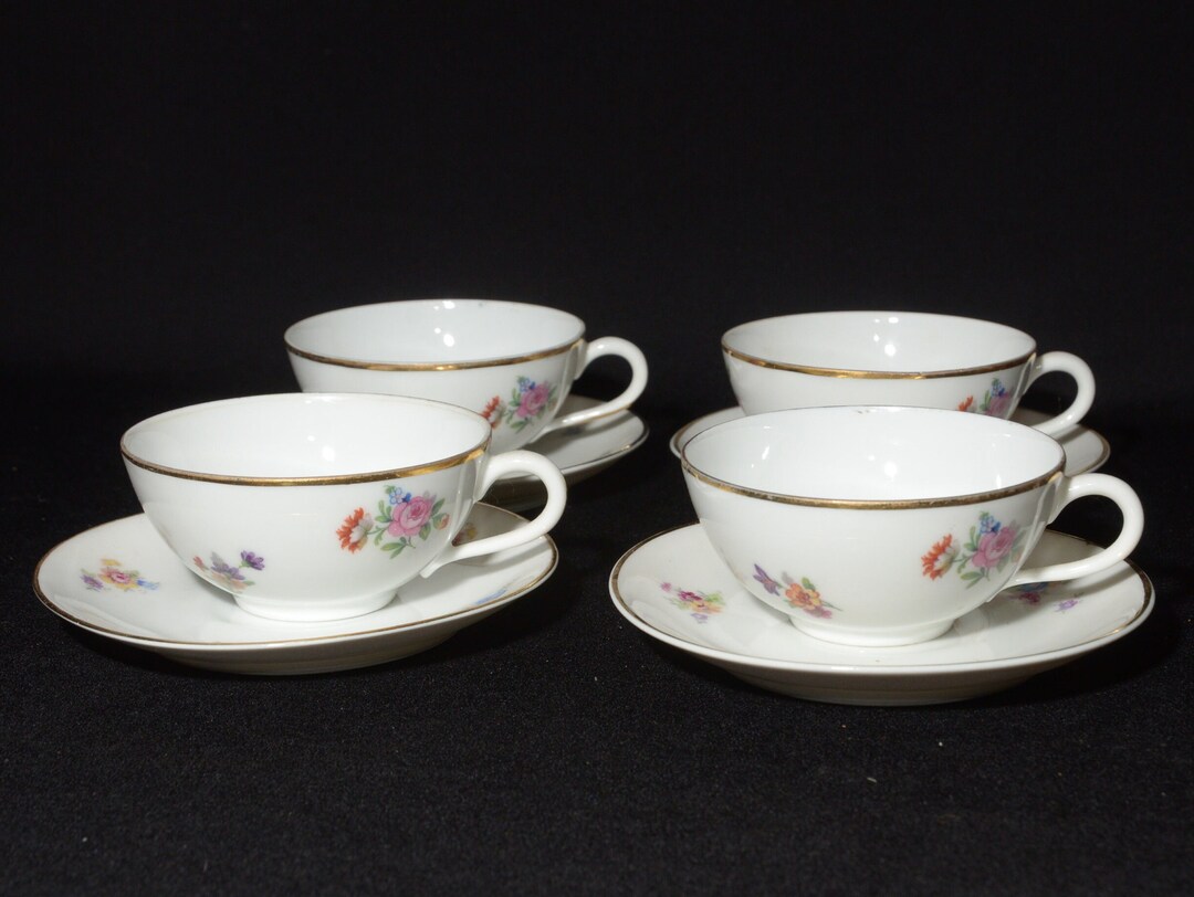 Set of 4 Antique LIMOGES Demitasse Cup and Saucer Teacup Made in France ...