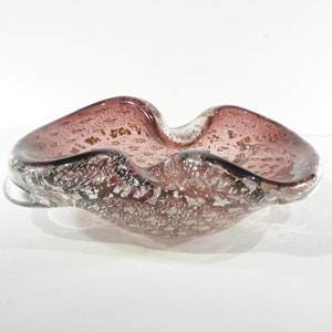 Murano Glass heavy glass Italy ashtray bowl  art glass amethyst with silver and gold flakes slot tobacciana 6 inches long trinket dish