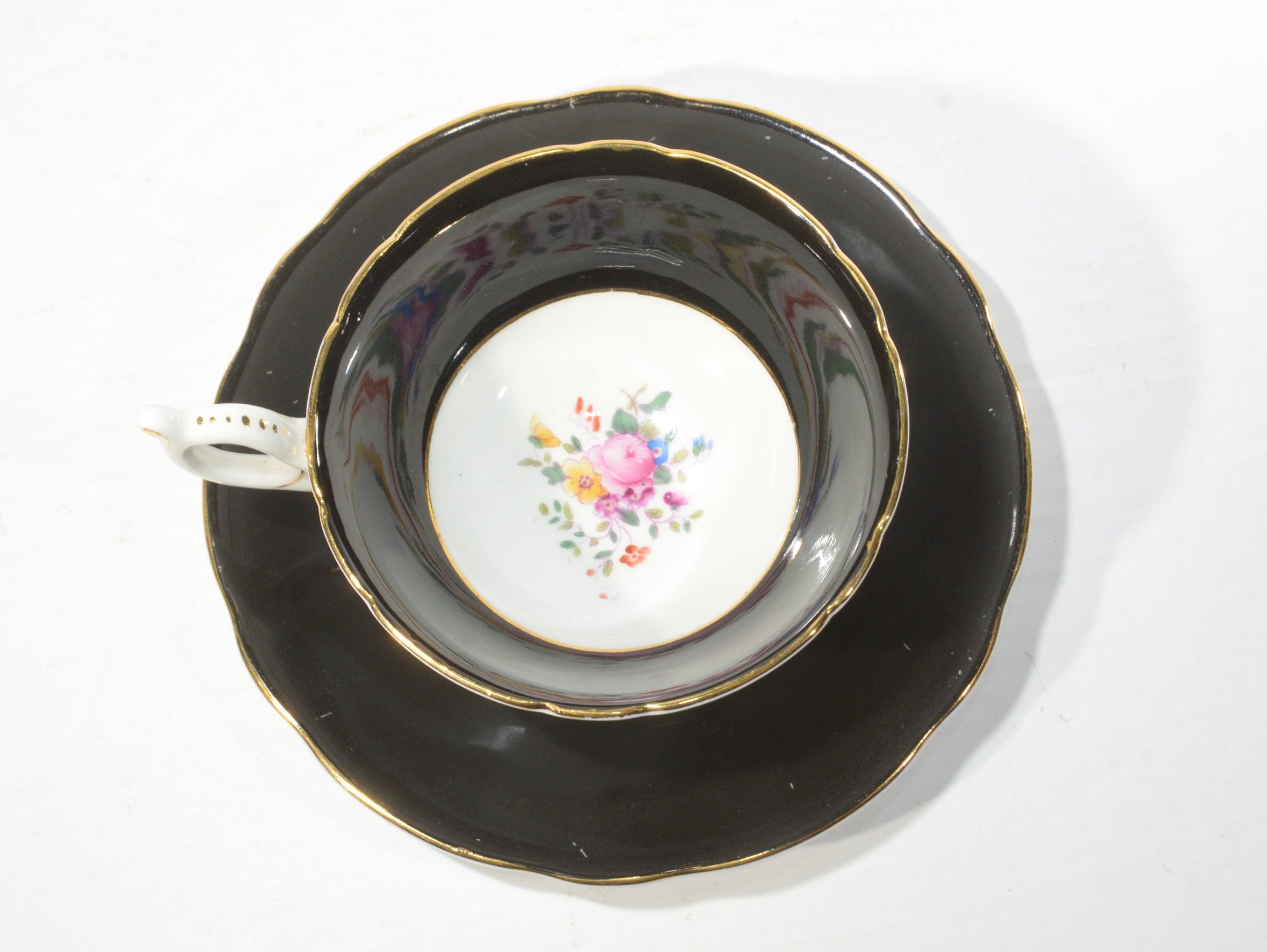 Coalport Black Band Teacup and Saucer Multi Color Flowers