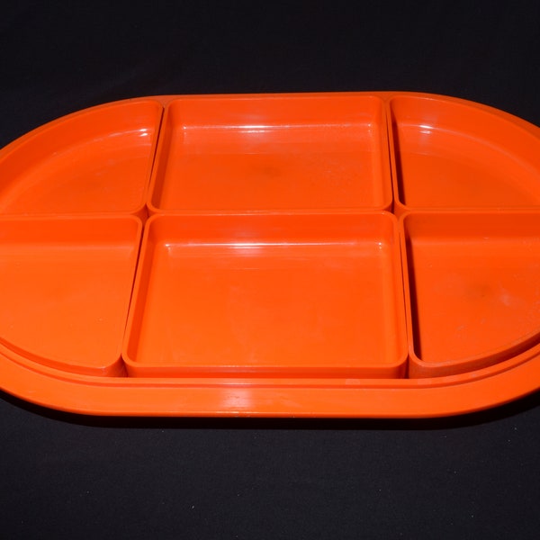 Vintage orange André Morin large serving tray set divided insert buffet Mid century Hard Plastic Andre Morin Canada Collection IPL 1979