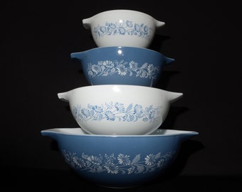 PYREX Colonial Mist Set of 4 Blue Cinderella Nesting bowls 441 442 443 444 Vintage Pyrex Mixing Bowls Floral blue mist 2 SMALL CHIPS