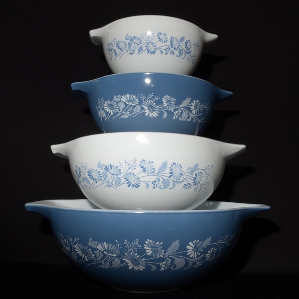 PYREX Colonial Mist Set of 4 Blue Cinderella Nesting bowls AMAZING 441 442 443 444 Vintage Mixing Bowls Floral blue mist Collectible ap