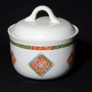 Azucarero Corelle vintage, vajilla, colcha multicolor, diamante verde, rojo, azul, amarillo imagen 1