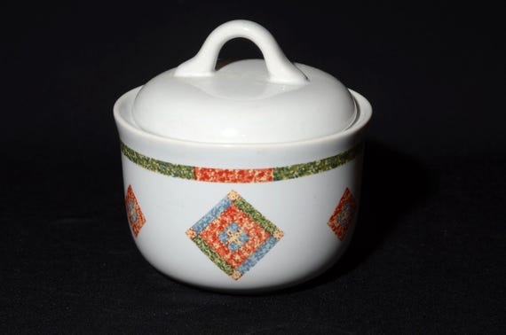 Vintage Corelle Sugar bowl Dinnerware quilt multicolor diamond green red blue yellow