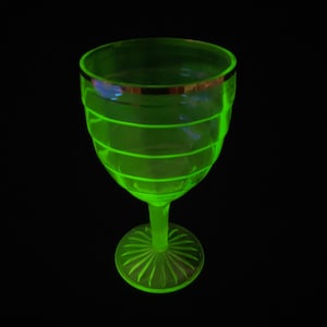 Hocking glass  BLOCK OPTIC Green depression glass uranium goblet 6 inches tall vintage green depression gold trim rare 9 oz