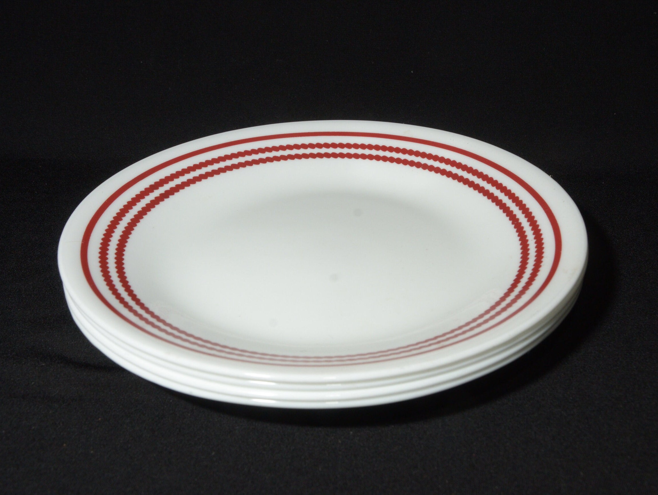Set of 4 Corelle Ruby Red Plate Bread Dessert Corning USA Plate Vitrelle 6 3 4 Inches Red Dotted Band on White Discontinued Etsy