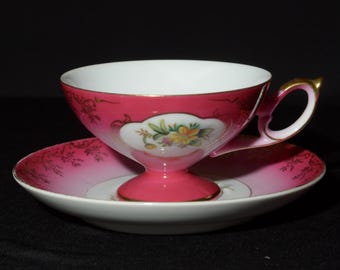 Japanese SHAFFORD Hand Painted pedestal pink Teacup and saucer hand painted Gold Rimmed Japan Vintage floral