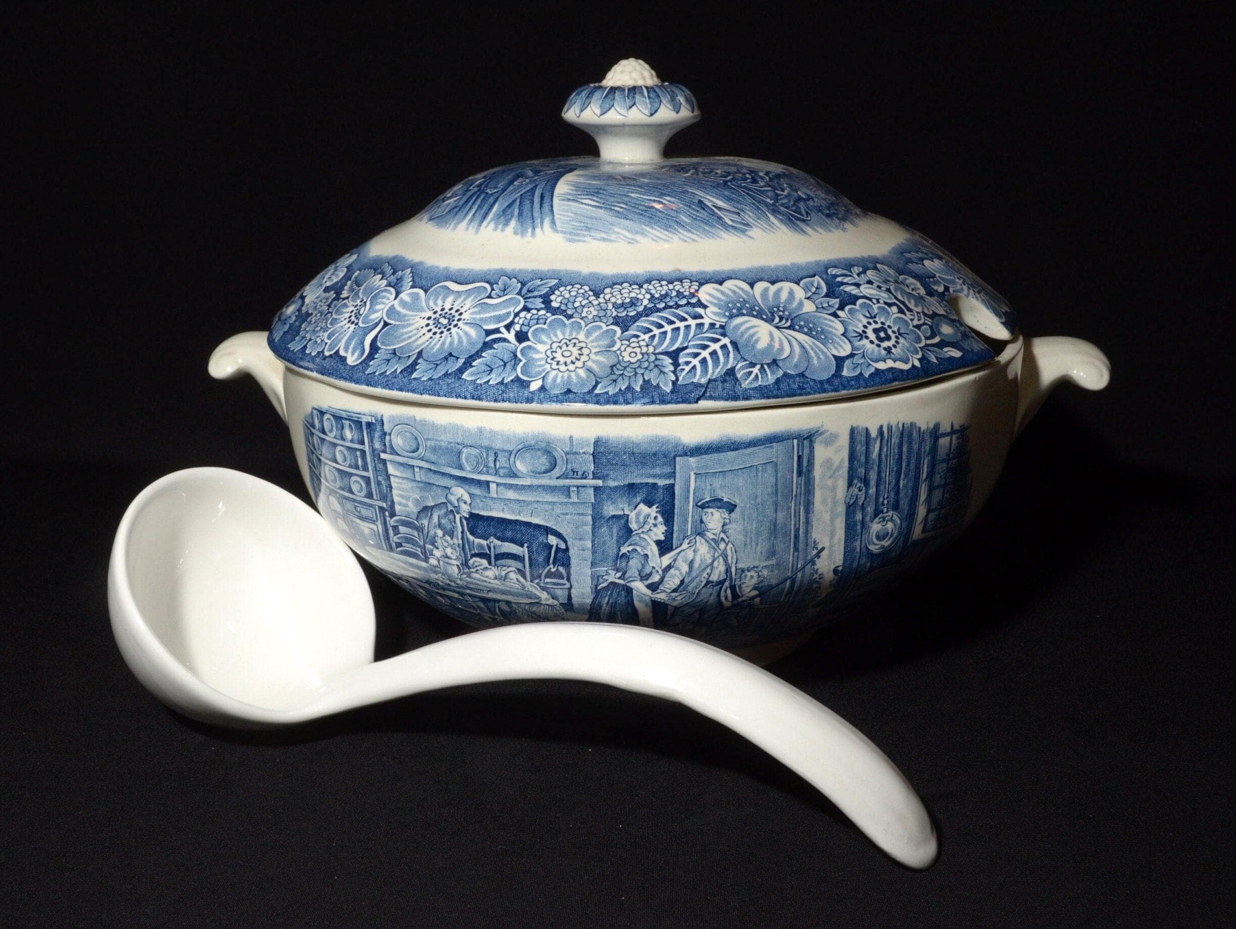 Vintage Liberty Blue Soup Tureen Lid With a Ladle Boston Tea Party