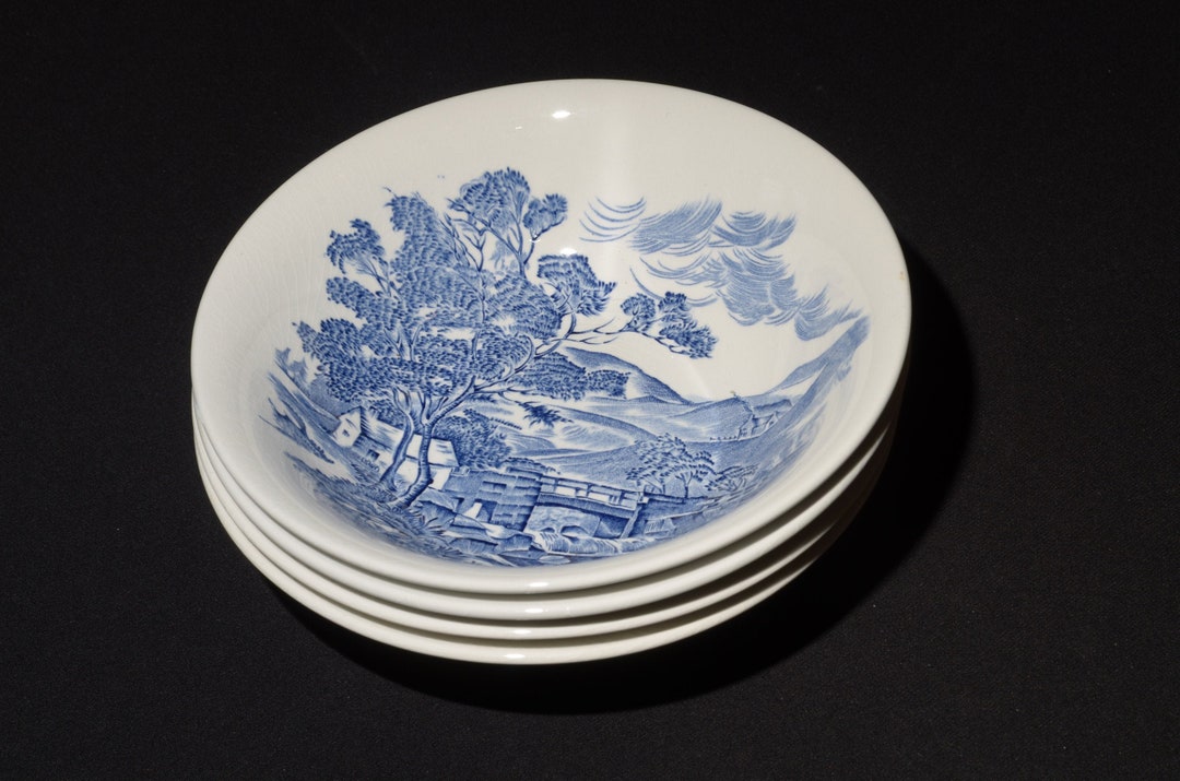 Set of 4 Vintage Wedgwood Countryside Soup Bowl Blue Tunstall Tree