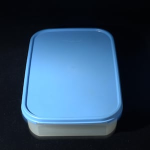 Puede incluir: Un recipiente rectangular para guardar alimentos con una tapa azul claro y una base translúcida. La tapa es ligeramente redondeada y encaja perfectamente en la base. El recipiente está diseñado para almacenar alimentos.