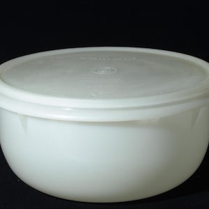 Peut inclure: Un bol rond en plastique blanc avec un couvercle assorti. Le bol a un design lisse et incurvé et un bord légèrement évasé. Le couvercle s'adapte parfaitement sur le dessus, créant une étanchéité à l'air. Le bol est probablement utilisé pour le stockage des aliments.