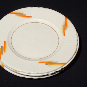 MYOTT Bone China set of 4 dessert plate 6 1/2&quot;  Vintage England orange brown lines handpainted 2187 Art deco rare CRAZING
