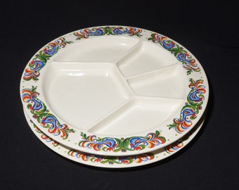 Set of 2 Villeroy and Boch divided grill plate 10.25 inches vintage midcentury raclette fondue Luxembourg rooster floral scroll Belgium