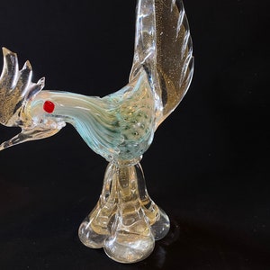 Murano AVeM Glass Bird Pheasant long tail hand blown heavy glass art glass Italy turquoise teal green Bullicante gold Sommerso CHIP ot