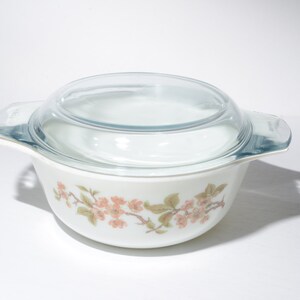 PYREX England JAJ small Lisa Cherry Blossom round casserole dish 6 inches clear lid serving dish vintage floral