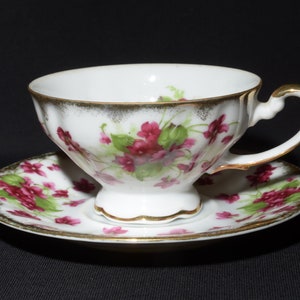 CASTLE  Japan Hand Painted Bone China Teacup and Saucer  burgundy purple violet floral Vintage brushed gold trim widemouth