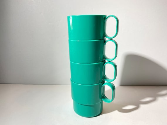 Set vintage per 4 tazzine da caffè tazze da tè verde ottanio Décor made in  USA 455 impilabili manico a C -  Italia