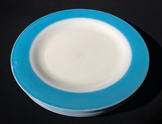 PYREX Set of 4 Turquoise Band Dinner Plate Blue Border Rim 10