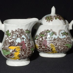 The Hunter by MYOTT  Bone China sugar bowl creamer set lid hand engraved brown transferware England dinnerware dog country scene milk jug