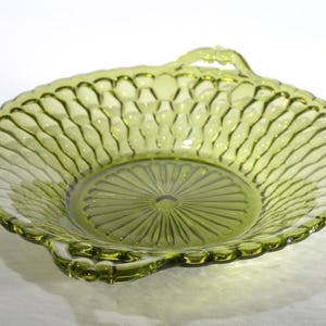 Indiana glass Green glass candy dish serving dish trinket dish honeycomb handles vintage green glass avocado green dish shallow bowl