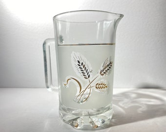 Vintage Italian Covetro Pitcher Clear Pressed Glass Frosted Golden Wheat gold great condition Italy 7" tall