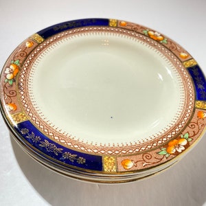 J&G Meakin Sol Queen Mary set of 4 bread and butter plate 6 1/2 inches band England ironstone 391413 gold cobalt rim rust yellow flowers