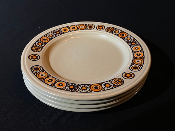 Vintage Kiln Craft Bacchus Staffordshire  set of 4 small plate 6 1/2 inches England tan brown orange dessert