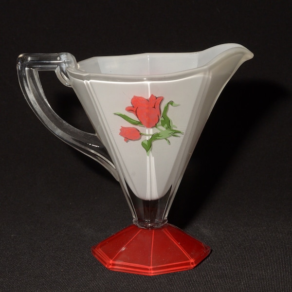 Depression Glass creamer vintage milk jug footed clear glass with color fired-on red white red rose design octogonal base art deco CHIP