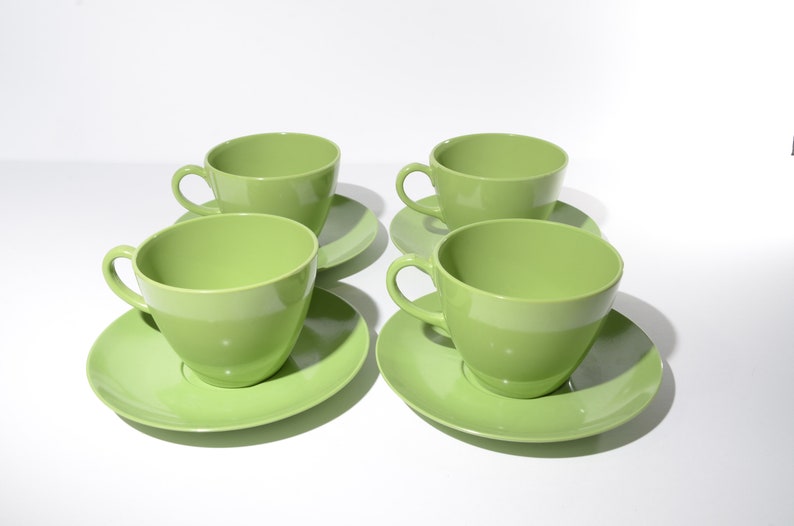 Vintage Set of 4 avocado green MELMAC Maplex Teacup and saucer sets Mid century Hard Plastic Melamine cups mug Canada Quality Dinnerware image 1