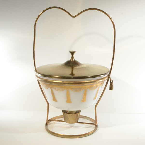 Fred Press Federal Oven Ware GLASS serving bowl with Lid and Warmer Milk glass gold curtain mcm midcentury stand caddy