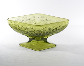 Vintage Green Diamond Candy Dish Servierschale mit Sockel und floralem Design, grüne Glas-Schmuckschale