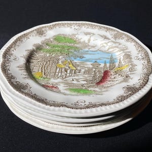 Set of 4 Shakespeare Sonnets bread and butter plate 7 inches Anne Hathaway&#39;s Cottage Kensington R2815 Transferware winter scene Excellent