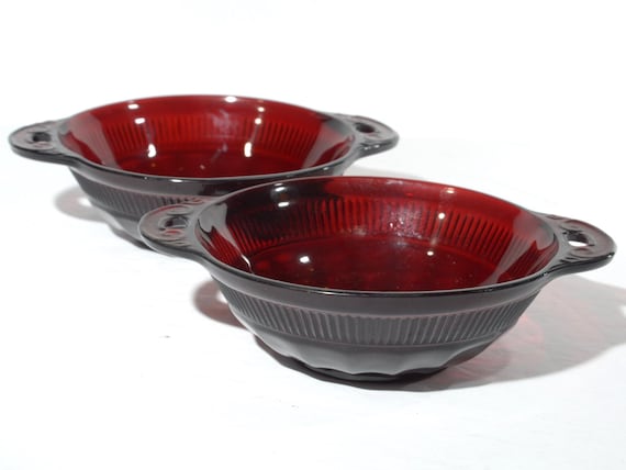 Anchor Hocking glass Coronation Royal Ruby Depression Glass set of 2 berry bowl vintage red glass  4 1/2" in diameter