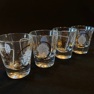 Libbey シューターグラス 4個セット フロストグラス ゴールドリーフ 幾何学模様 フロスト MCM ドリンクセット バートカート バーウェア シューター ヴィンテージ 22K タンブラー