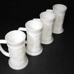Federal Milk Glass Mug Stein Set of 4 Vintage Tall Mugs Pub Scene Tankards 1960s white mug mint