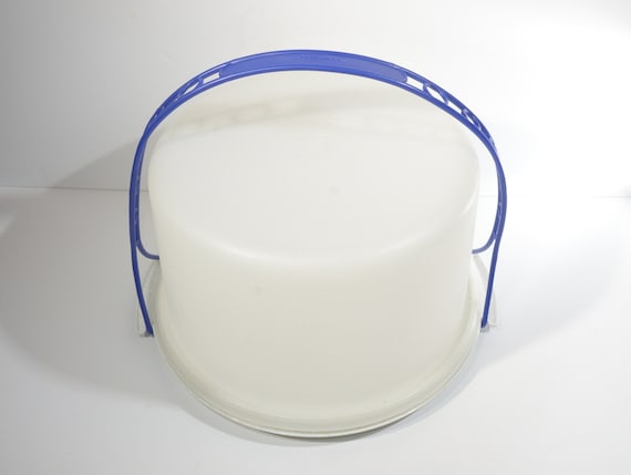 Vintage TUPPERWARE Kuchenbox, rund, weiß gesprenkelter Boden mit blauem Griff, 683, 684, 1258, Servierwagen