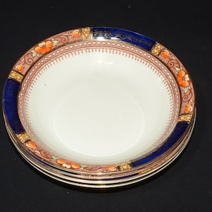 J&G Meakin Sol Queen Mary set of 4 coupe bowl soup bowl 7 1/4 inches band England ironstone 391413 gold cobalt rim rust yellow flowers