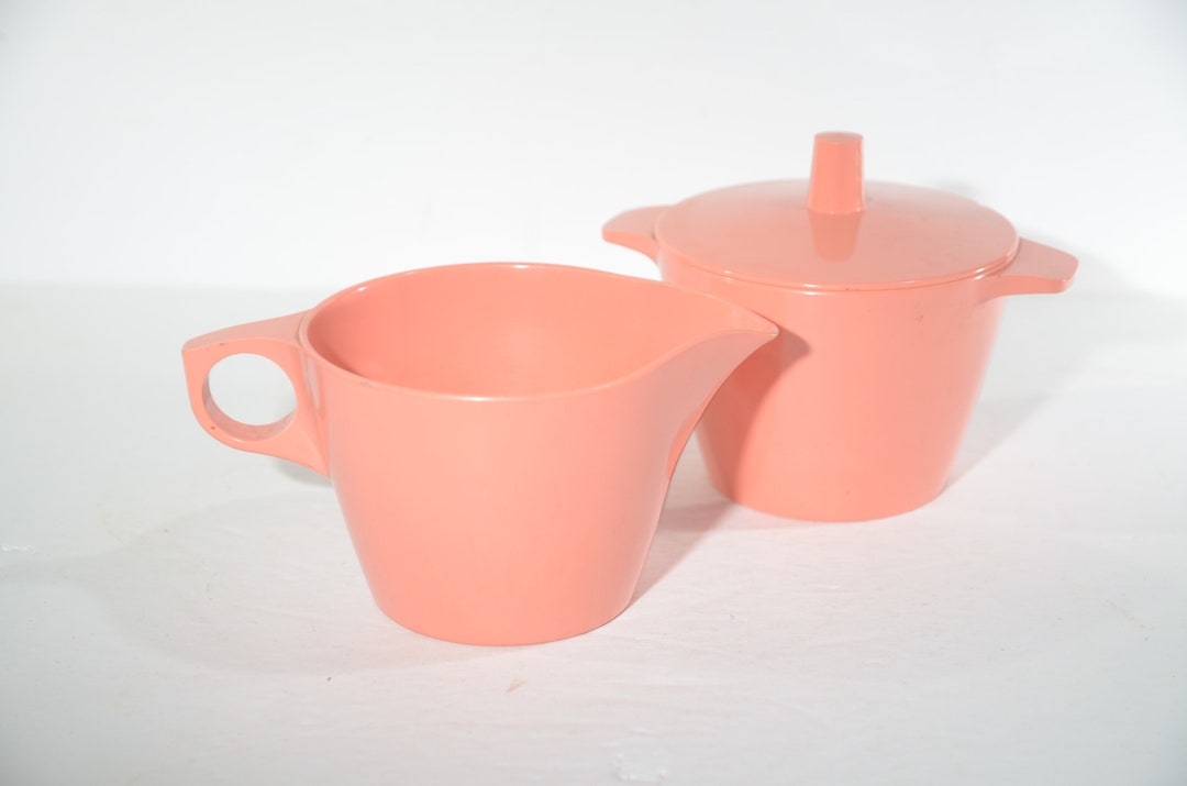 Vintage Dorchester Melmac Melamine Salmon Pink Creamer Sugar Bowl Set