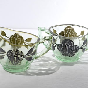 Green Depression Glass sugar bowl creamer set green depression glass vintage uranium vaseline black flower painting starburst