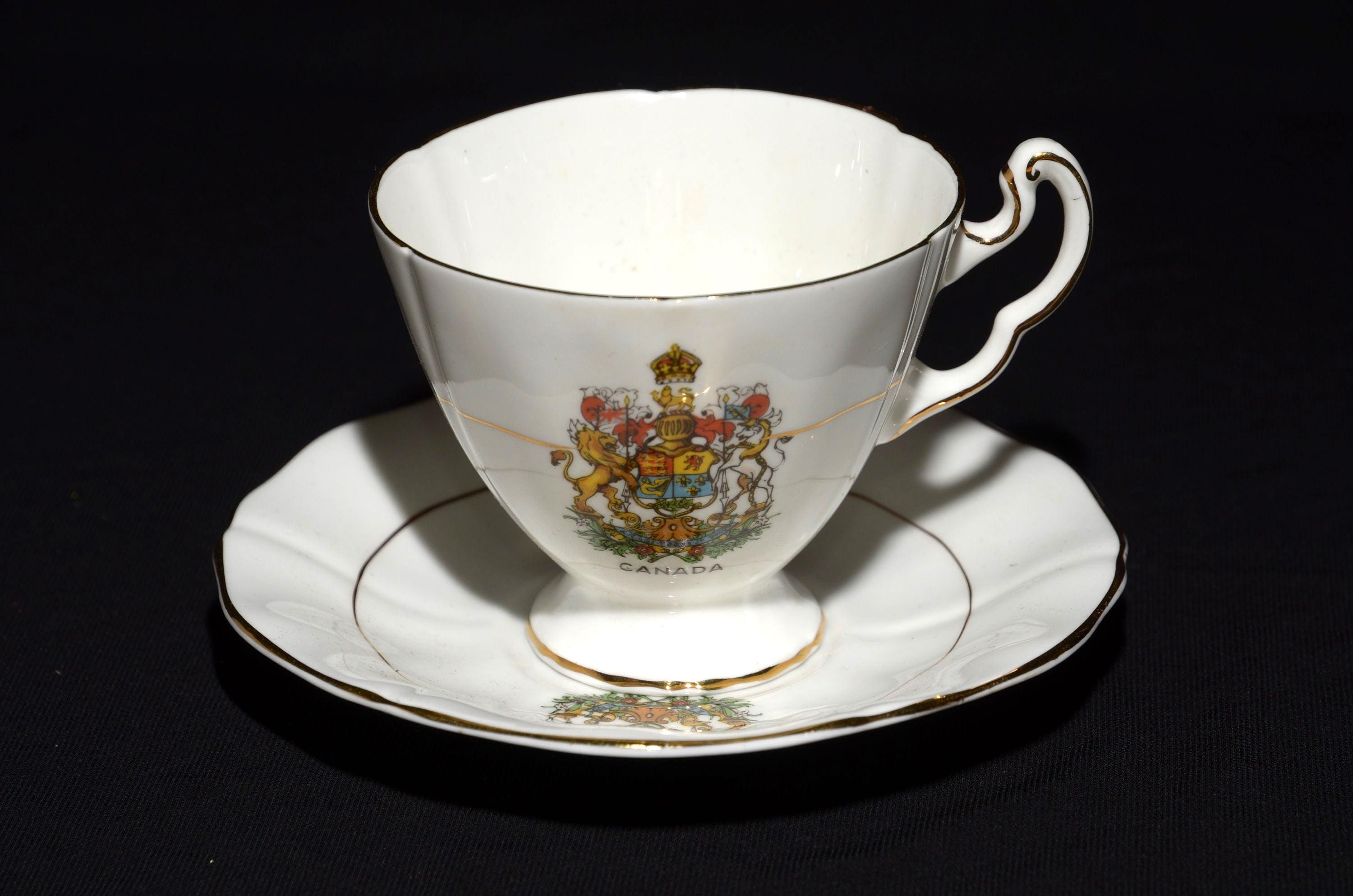 Ridgway Potteries Ltd Royal ADDERLEY Canada Vintage Fine Bone China white Tea Cup and Saucer emblems Arms of Canada Canada Souvenir