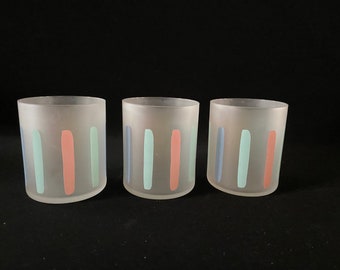 Set of 3 Katja Glasses Tumbler frosted pastel stripe excellent condition glass 3 3/8" tall multicolor band pastel geometric