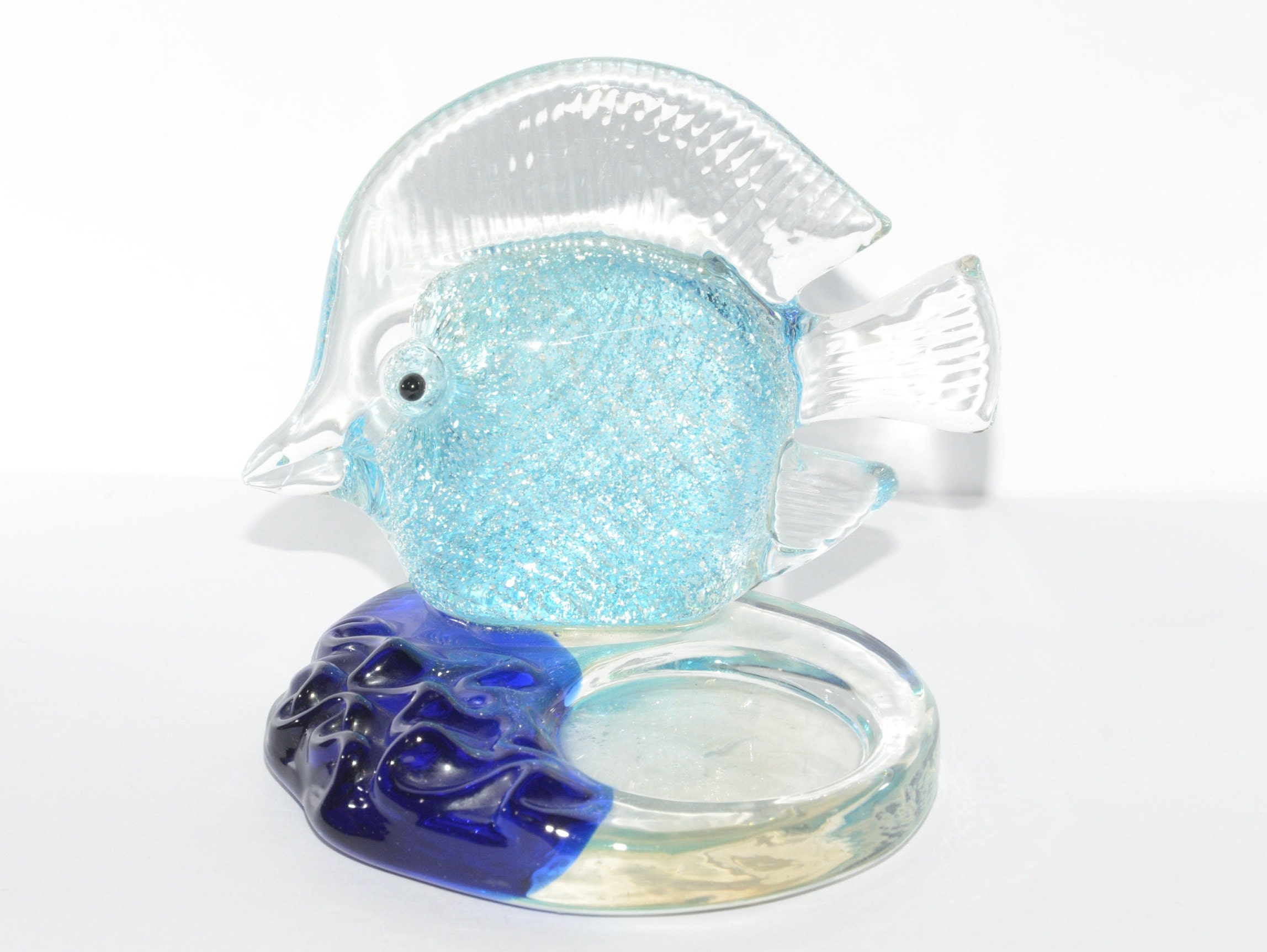 Partylite Murano Style Art Candlestick Holder vintage candle holder Tropical Fish Glass Figurine Blue silver flake blue wave Hand blown art