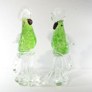 Set of 2 art glass Cockatoo Parrot Green Bird hand blown heavy glass vintage 9.5  inches tall Murano Style Figurine